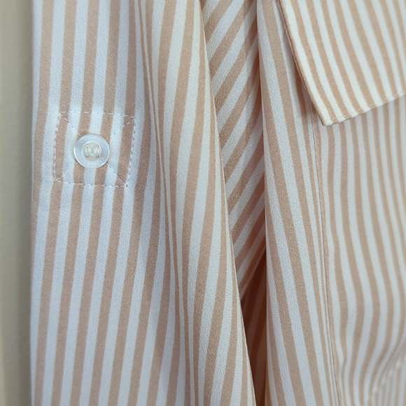 Calvin Klein Striped Button Tab Button Up Semi-Sheer Blouse MEDIUM White Tan - Picture 10 of 15